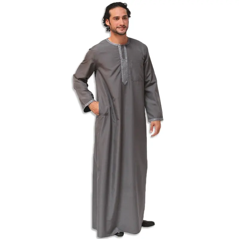 Pakistani Muslim Style jubba/Thobas for Men In Grey Color Over Neckline and Shoulder Designing For All Seasons