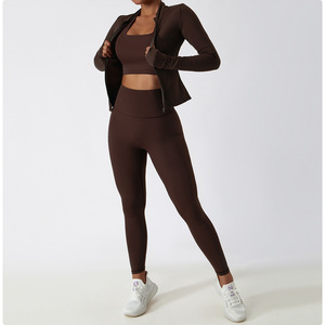 Wholesale Luxury Fall Zip up Gym Fitness Set 3 Pcs Long Sleeves Activia Bra and Yoga Pants Fitness Leggings - Product Image 4