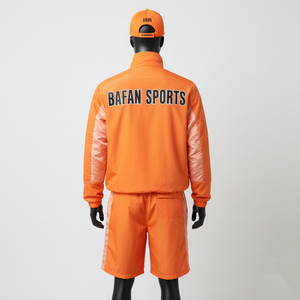 Conjunto deportivo corto para hombre, cortavientos, tela de nailon tejida resistente, paneles de color naranja, logotipo personalizado con serigrafía, talla grande - Product Image 5