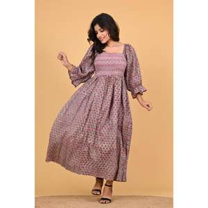 Robe maxi en coton indien à imprimé floral pour femmes, robe de soirée d'été à manches longues smockées, robe longue faite à la main - Product Image 3