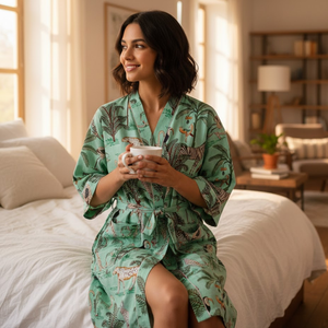 Robe de nuit longue en coton tissé à la main pour femme, col en V, manches longues, imprimé animaux de la jungle, style kimono, avec cordon de serrage - Product Image 2