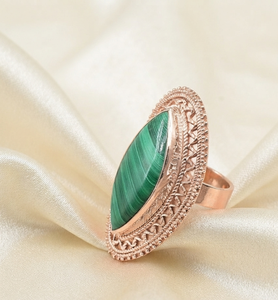 Natural Malachite Marquise Cut Sterling <b>Silver</b> Rose Gold Plated Boho <b>Statement</b> <b>Ring</b> for Women - Product Image 4