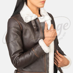 Women Dark <b>Brown</b> Distressed Real <b>Leather</b> <b>Jacket</b> White Faux Fur Trim Slim Fit Premium Sheepskin Winter Biker Outerwear Coat - Product Image 6
