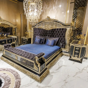 Juego de dormitorio de lujo estilo turco, tamaño King, con estructura de madera de caoba negra y dorada, cabecero capitoné, muebles clásicos con almacenamiento - Product Image 2