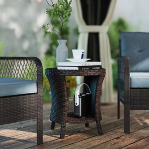Tavolino da Caffè da Esterno in Vimini Marrone Misto da 18 Pollici con 2 Ripiani Portaoggetti, Tavolino Laterale da Patio in Rattan PE con Piano in Legno Composito per Uso Esterno - Product Image 2