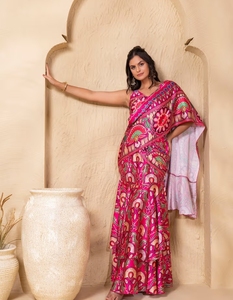 Sari KV con Estampado Floral, Pre-Drapeado, de Doble Capa, con Blusa - Product Image 5