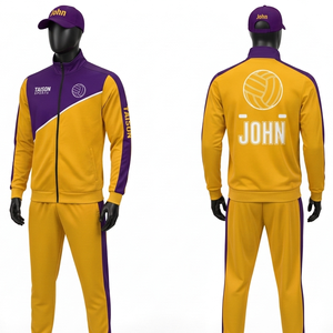 Chándal deportivo premium de poliéster entrelazado de 280 GSM para hombre, amarillo y morado con paneles en contraste, sublimación personalizada. - Product Image 1