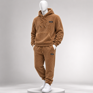 Ensemble sweat à capuche oversize et pantalon de jogging en polaire sherpa pour homme, style décontracté unisexe, vêtements d'hiver, design tricoté Teddy ample, vente en gros - Product Image 3