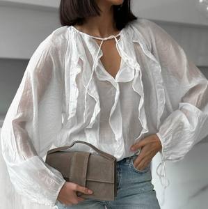Camisa de Verano para Mujer, Estilo Casual, Corte Regular, para el Día a Día, de Alta Calidad, con Botones al Frente, Sólida, Elegante, con Volantes - Product Image 2