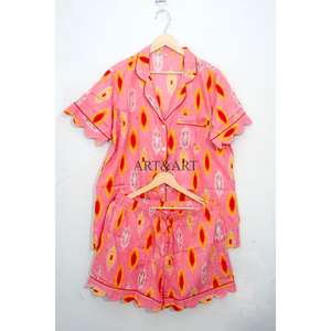 Conjunto de Pijama Corto de Algodón para Mujer, Ligero, Transpirable, de Verano, con Botones de Encaje, Estampado a Mano Indio - Product Image 4