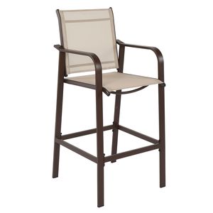 2 sedie da bar da giardino con struttura in ferro battuto marrone e superficie in tessuto beige, eleganti sedute da esterno - Product Image 1