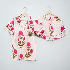 Ensemble de pyjama court élégant pour femme, imprimé floral, col en V, 100% coton pur, respirant, doux, fermeture à cordon, été - Product Image 6