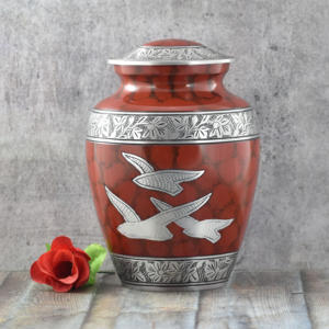 Elegant Deep Red Metal Cremation Urn for Human Ashes - Handcrafted Flying Birds & Floral Engraving Memorial Jar with <b>Secure</b> Lid - Product Image 1