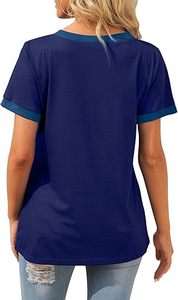 Women's V-Neck Short Sleeve T-Shirt Solid Color Loose Fit Casual <b>Top</b> With Pocket Blue Jersey Fabric Spring Summer Wear - Product Image 4