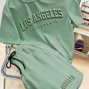 Ensemble 2 pièces d'été pour homme : T-shirt sport décontracté à manches courtes et short en tissu éponge, séchage rapide, tricoté 250g, 100% coton, motifs unis - Product Image 1