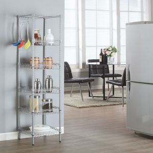 Scaffale di Stoccaggio a 6 Ripiani in Acciaio al Carbonio e PP, Colore Grigio Argento, per Organizzazione della Cucina - Product Image 2