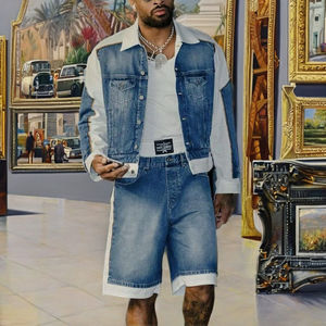 ชุดเซ็ตเสื้อแจ็คเก็ตเดนิมแบบต่อผ้าสีพื้นสำหรับฤดูหนาวและกางเกงยีนส์ขาสั้น 2 ชิ้น น้ำหนักเบา สีกลาง ลุควินเทจ สำหรับผู้ชาย - Product Image 2