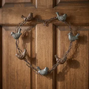 Rustic Wire Heart Wreath Adorned With Charming Distressed Metal Birds, Elegant Verdigris Style Hanging <b>Wall</b> <b>Decor</b> Accent Piece - Product Image 4