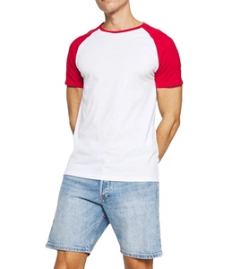 T-shirt pour homme blanc et rouge à manches raglan, coupe classique, col rond, en jersey de coton, couleur unie, design simple, haut à manches courtes - Product Image 5