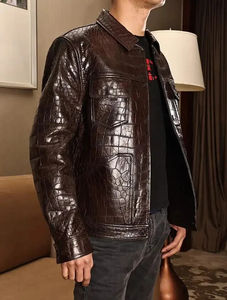 Chaqueta de piel de cocodrilo marrón oscuro para hombre prendas de vestir exteriores de cuero genuino vintage de lujo con cierre de cremallera personalizado OEM ODM - Product Image 4