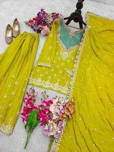 Ensemble Salwar en polyester brodé jaune avec dupatta, coupe classique, tenue traditionnelle indienne et pakistanaise pour femmes, longueur au sol - Product Image 3