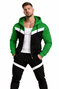 Conjunto de chándal con capucha y cremallera en contraste verde y negro para hombre, con diseño de rayas en V y pantalones deportivos ajustados, conjunto deportivo informal - Product Image 4