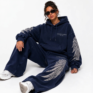 Conjunto Deportivo Vocksin para Mujer, Sudadera con Capucha Azul Marino con Diseño de Alas de Ángel, Corte Regular, 100% Algodón, Pantalones Anchos, Estilo Urbano Vintage - Product Image 2