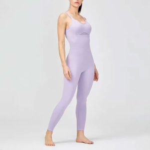 Mono de yoga para mujer, color lavanda, de cintura alta, largo completo, con tirantes finos, ajuste ceñido, transpirable, elástico, de punto, color liso. - Product Image 5