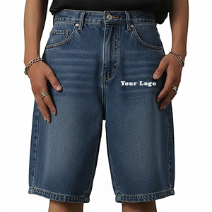 Jorts en jean streetwear de haute qualité pour homme, délavés, coupe ample et style baggy, à jambe large, couleur unie, coupe-vent, avec braguette boutonnée - Product Image 1