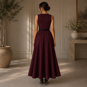 Elegante Vestido Largo Borgoña sin Mangas con Cinturón para Mujer, Cuello Redondo, Línea A, para Fiesta de Noche, Cóctel, Invitada de Boda, Vestido Formal Largo - Product Image 3