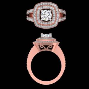 Anillo de compromiso con halo escalonado de diamantes redondos brillantes en oro rosa de 18 quilates con banda ancha adornada con pavé para mujer - Product Image 2