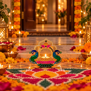 Diya en laiton à double motif paon et travail miroir pour la décoration de la maison à Diwali, la décoration festive de la Puja et les cadeaux traditionnels indiens pour Diwali ! - Product Image 6