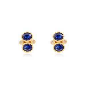 Boucles d'oreilles minimalistes en or jaune 18 carats massif pour femmes, serties de saphirs bleus ovales 4x6mm et de diamants, 100% authentiques, bijoux personnalisés. - Product Image 1