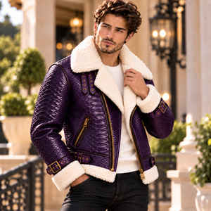 <b>Men</b>’s Beige Snake Embossed <b>Shearling</b> Leather <b>Jacket</b> Ανδρικό Δερμάτινο Μπουφάν Custom OEM Wholesale Supplier - Product Image 3