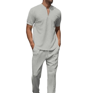 2025 nuevo conjunto de verano para hombre Youth Waffle cuello plano cremallera de color sólido manga corta de color sólido + Pantalones que combinan con todo casual - Product Image 2
