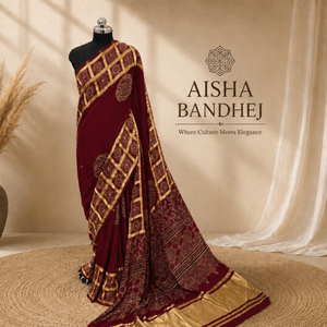 Sari traditionnel ethnique imprimé Ajrakh avec travail de miroir pour les occasions festives et culturelles - Product Image 1