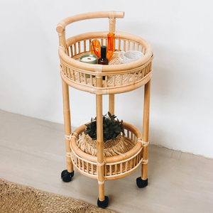 Rolling food cart mobile carts with storage rattan <b>bar</b> trolley dining living room decor pieces - Product Image 5