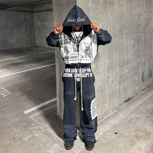 Ensemble streetwear patchwork : sweat à capuche zippé et pantalon de survêtement ample, impression DTG personnalisée, strass de créateur, deux pièces, haute qualité - Product Image 2