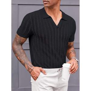 2025 hommes décontracté col en V Golf été chemise à manches courtes tricot pour Polo pull foncé brodé solide motif taille XL-Spandex - Product Image 4