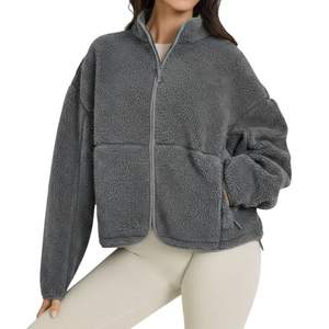 Vestes en polaire noires pour femmes, col montant, design personnalisé, poids lourd, fermeture éclair, style streetwear, vestes en sherpa pour l'hiver - Product Image 6