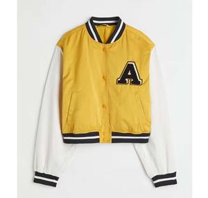 Recién llegado, chaqueta universitaria de satén de Color de contraste personalizada, chaqueta universitaria corta, chaqueta informal de bombardero de béisbol de satén para mujer - Product Image 6