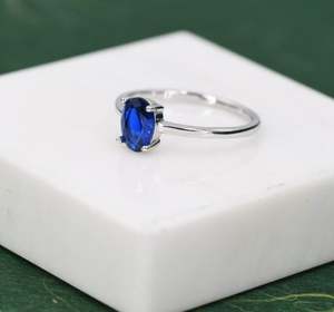 Bague ovale en saphir bleu CZ de 1 carat en argent sterling 925 plaqué or 14 carats, bijoux de fiançailles et de soirée - Product Image 3