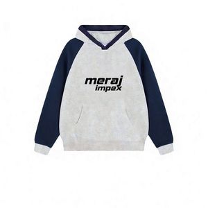 A light grey sporty hoodie with navy blue and maroon stripe details on the sleeves a front kangaroo pocket - Product Image 1