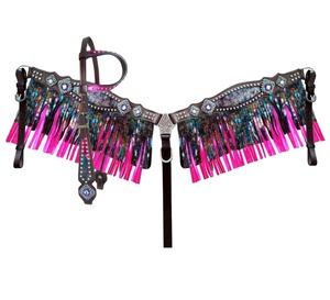 Conjunto de cuello de pecho y cabeza de una oreja occidental de cuero genuino 100% con incrustaciones de arcoíris y fabricante de proveedor metálico rosa - Product Image 4