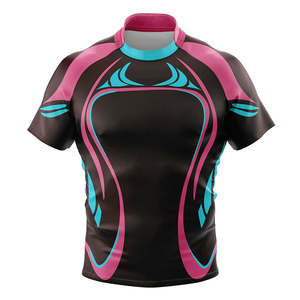 Maillot de rugby personnalisé pour homme, bleu, en polyester/coton sublimé, col montant, manches courtes, motif géométrique, anti-humidité - Product Image 1