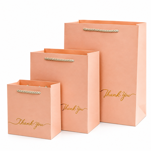 Bolsas de Regalo de Papel Color Durazno con Asas de Cuerda de Algodón y Estampado de Agradecimiento en Dorado, Bolsas de Embalaje Reciclables - Product Image 1