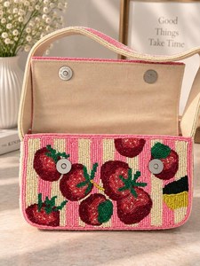 High Quality Beaded <b>Crossbody</b> <b>Bag</b> With Tomato And Corn Pattern <b>Pink</b> Red Folk Art Embroidery Textile Handbag For Women - Product Image 3