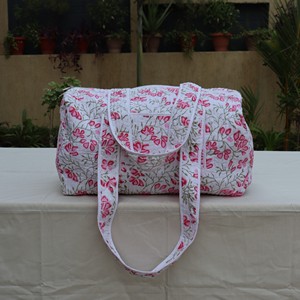 Quilted Flower Cotton <b>Duffel</b> <b>Bag</b> with Zipper Closure Portable Travel Tote Casual Style - Product Image 2