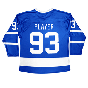 Camiseta de Hockey sobre Hielo Blanca y Azul Sublimada, Manga Larga, Cuello en V, Absorbe la Humedad, 100% Poliéster, Doble Correa, Unisex para Adultos, Corte Regular - Product Image 4