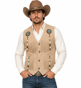 Chaleco de Cuero de Gamuza Estilo Vaquero Occidental para Hombre con Flecos y Detalles con Cuentas |   Fabricante OEM Personalizado, Suministro de Fábrica - Product Image 3